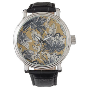 Elegant svart och vit blommönster på senapsguld armbandsur