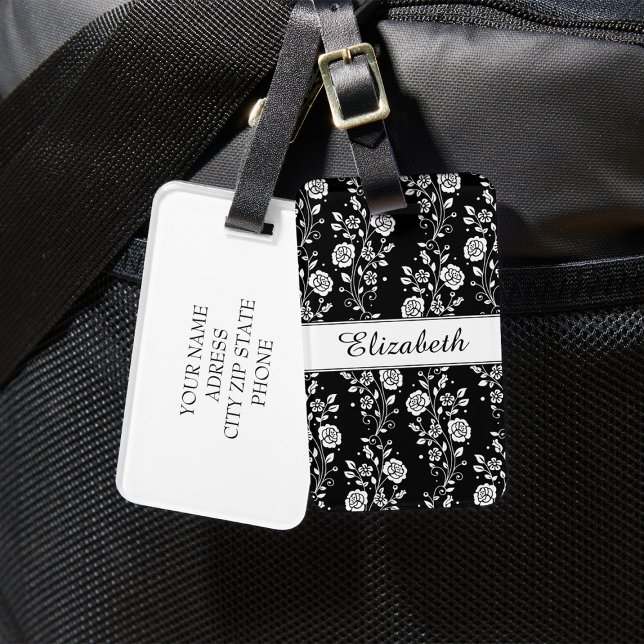 Elegant svart och vit blomster bagagebricka (Black And White Floral Roses Pattern Name Luggage Tag)