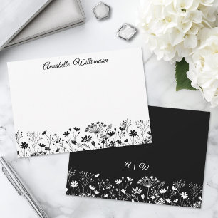 Elegant svart och vit blomster monogram anteckningskort