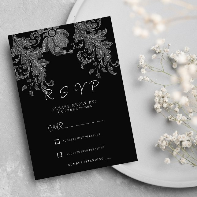 Elegant svart och vit blomsterglace RSVP Inbjudningar (Elegant black and white floral lace RSVP )
