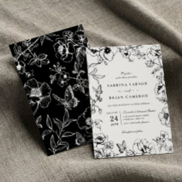 Elegant svart och vit blomsterträdgård bröllop inbjudningar