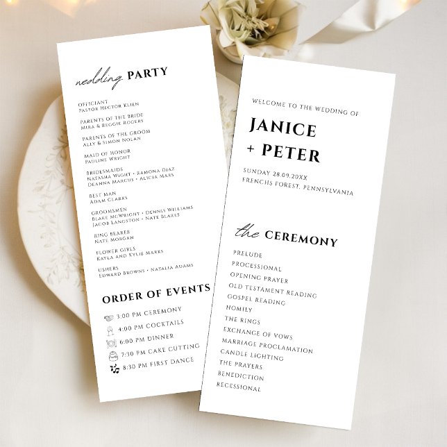 Elegant svart och vit bröllamsceremoni program (Elegant black and white ceremony program adds timeless style while guiding your wedding guests)