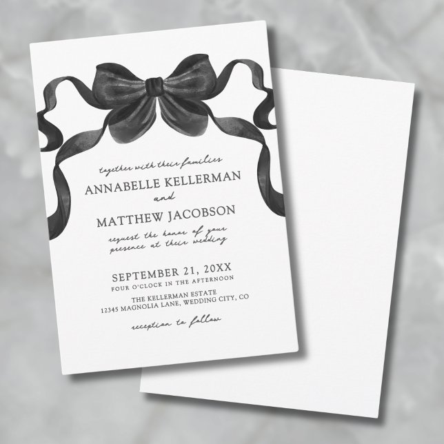 Elegant svart och vit bröllopsbåge inbjudningar (Elegant Ribbon Bow Black And White Wedding Invitation)