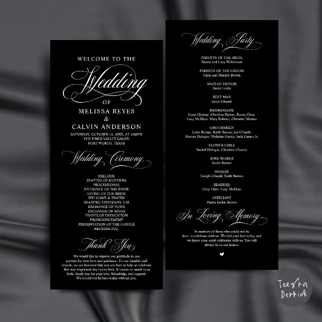 Elegant svart och vit bröllopsceremoni med script program (Elegant Classic Black and White Script Wedding Ceremony Program Card)