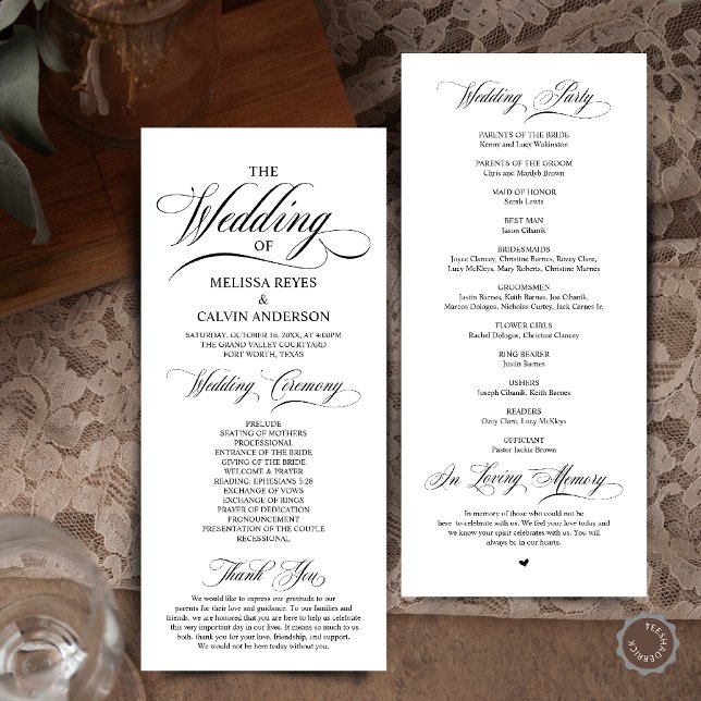 Elegant svart och vit bröllopsceremoni med skrivst program (Elegant Cream and Grey Script Wedding Ceremony Order Program Card in Black and White)