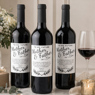 Elegant svart och vit bröllopspresent till svärför vinflaska etikett