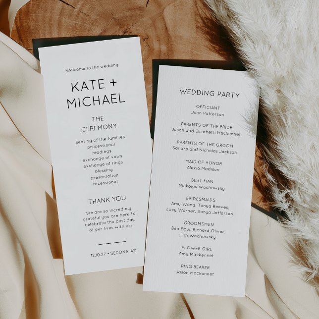Elegant svart och vit bröllopsprogramkort inbjudningar (Elegant Minimalist Black and White Double Sided Wedding Program)