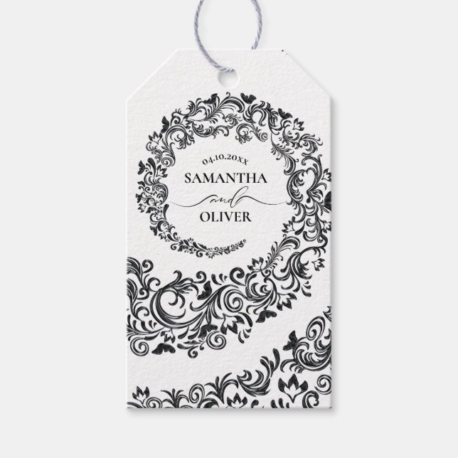 Elegant svart och vit Damask bröllop Presentetikett (Framsidan)