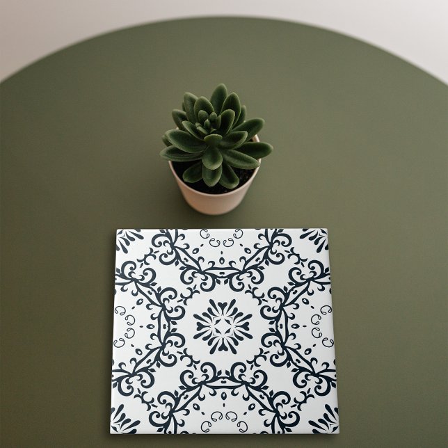 Elegant svart och vit damask victoriansk mönster kakelplatta (Skapare uppladdad)