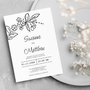 Elegant svart och vit enkel blommigt bröllop inbjudningar