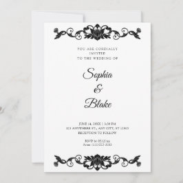 Elegant svart och vit floral Art Deco bröllop Inbjudningar