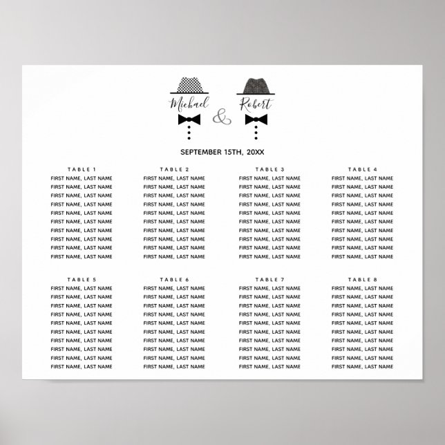 Elegant svart och vit gay bröllops sittplatskarta poster (Framsidan)