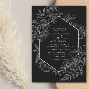 Elegant, svart och vit geometrisk Blommigt Bröllop Inbjudningar