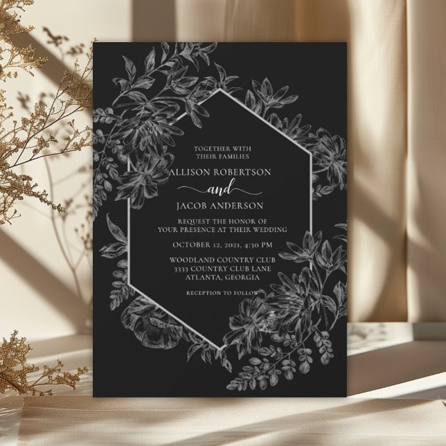 Elegant, svart och vit geometrisk Blommigt Bröllop Inbjudningar (Skapare uppladdad)