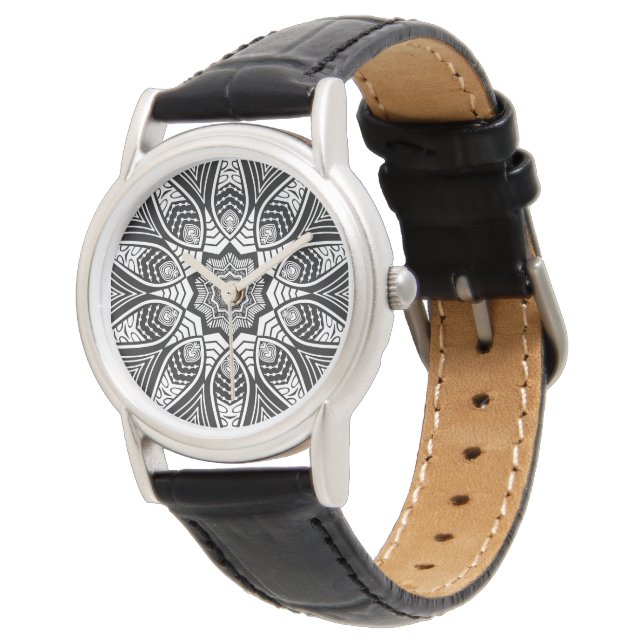 Elegant, svart och vit geometrisk Blommigt Snöre Armbandsur (Vinklad)
