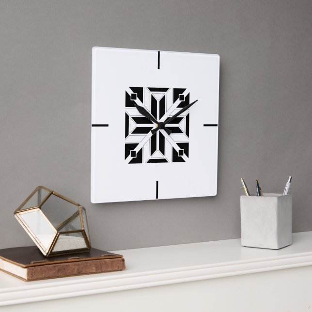 Elegant svart och vit geometrisk mönster fyrkantig klocka (Kontor)