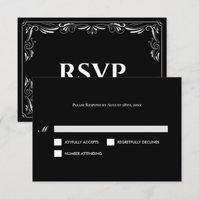 Elegant svart och vit gotisk bröllops-RSVP-kort OSA Kort (Fram/baksida)
