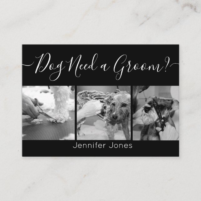 Elegant, svart och vit Hund, grooming, Logotyp Visitkort (Framsida)