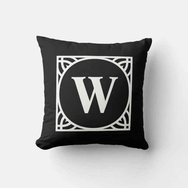 Elegant svart och vit kantmonogram kudde (Framsida)