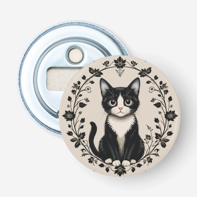 Elegant svart och vit katt flasköppnare (Framsidan)