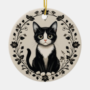 Elegant svart och vit katt julgransprydnad keramik