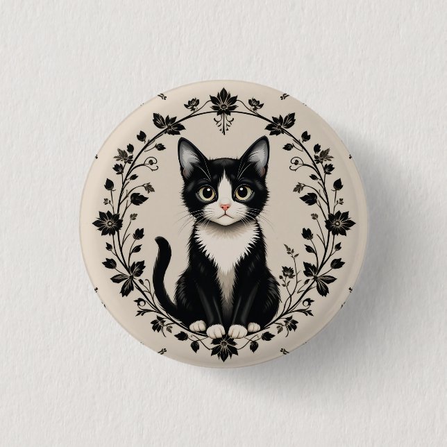 Elegant svart och vit katt knapp (Framsida)