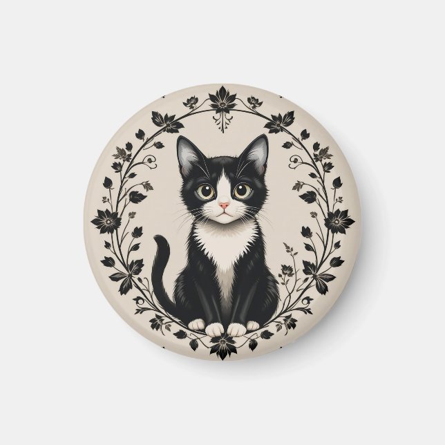 Elegant svart och vit katt magnet (Framsidan)