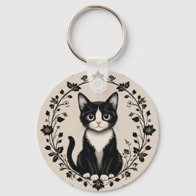 Elegant svart och vit katt nyckelring (Framsida)