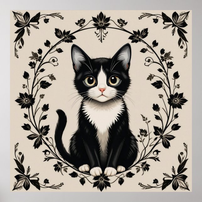 Elegant svart och vit katt poster (Framsidan)
