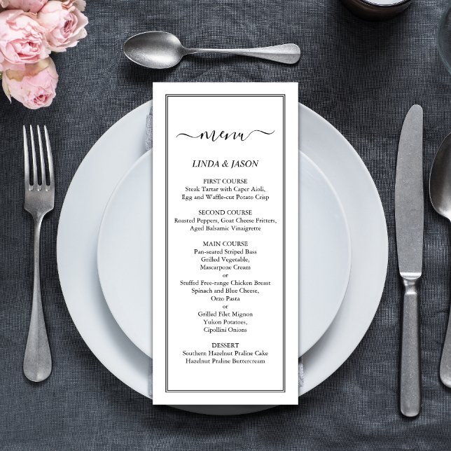 Elegant svart och vit klassisk bröllopsskrift meny (Elegant black and white script menu adds timeless style while guiding guests at weddings.)