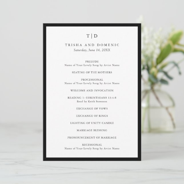 Elegant svart och vit monogram modern bröllopsfest program (Stående Fram)