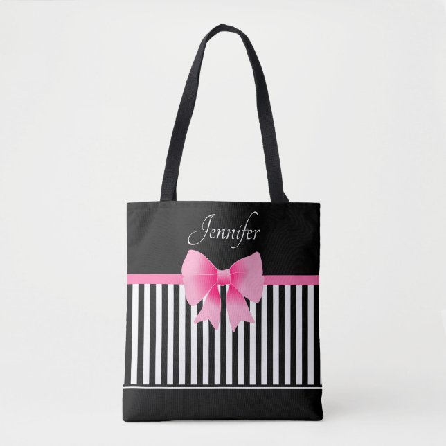 Elegant svart och vit mönster rosa slinga tygkasse (Framsida)