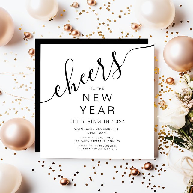 Elegant svart och vit nyårsfest inbjudningar (Elegant Script New Year's Eve Party Invitation)