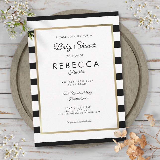 Elegant svart och vit randig baby shower inbjudningar (Elegant Black And White Stripe Baby Shower Invitation)