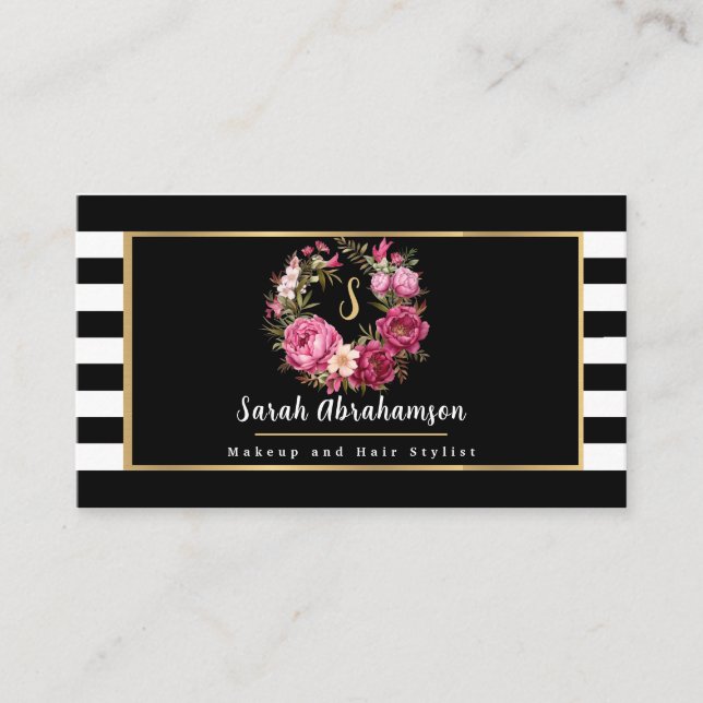Elegant svart och vit randig blommig visitkort (Framsida)