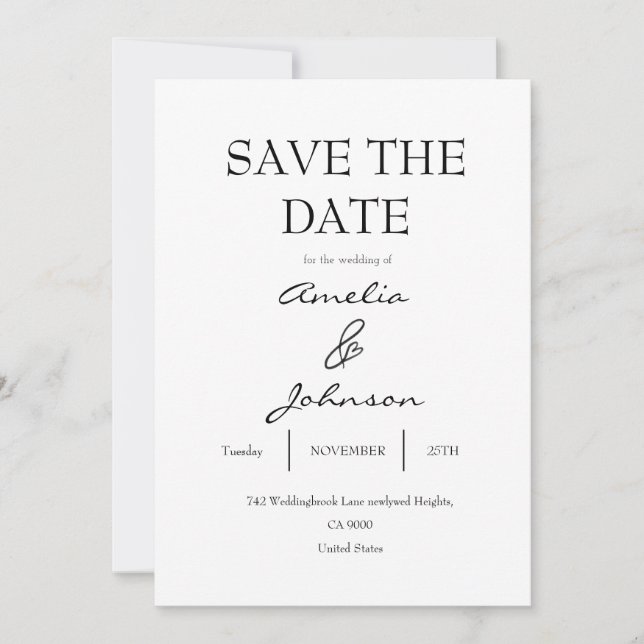 elegant svart och vit Save The Date-kort Spara Datumet (Framsida)