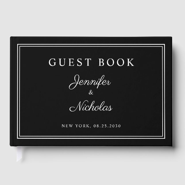 Elegant svart och vit script bröllop gästböcker (Framsida)