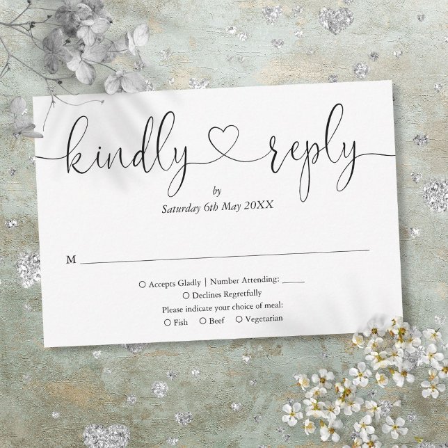 Elegant svart och vit script hjärtligt svar (Elegant Black And White Script Heart Kindly Reply RSVP Card)