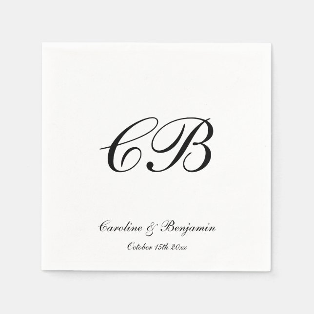 Elegant svart och vit scriptmonogram bröllop pappersservett (Framsidan)