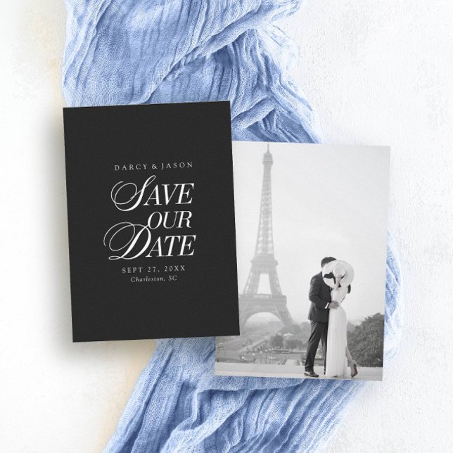Elegant svart och vit snygg Save the Date-kort Spara Datumet (Classy Black and White Elegant Save the Date Card)