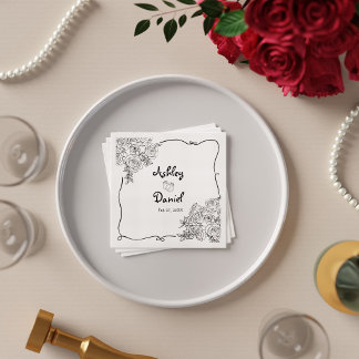 Elegant svart och vit söt floral doodle bröllop pappersservett