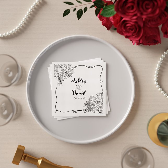 Elegant svart och vit söt floral doodle bröllop pappersservett (Elegant Black and White Cute Floral Doodle Wedding Napkins)