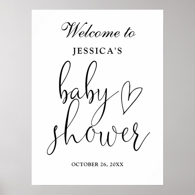 Elegant svart och vit välkomstskylt för baby showe poster (Framsidan)