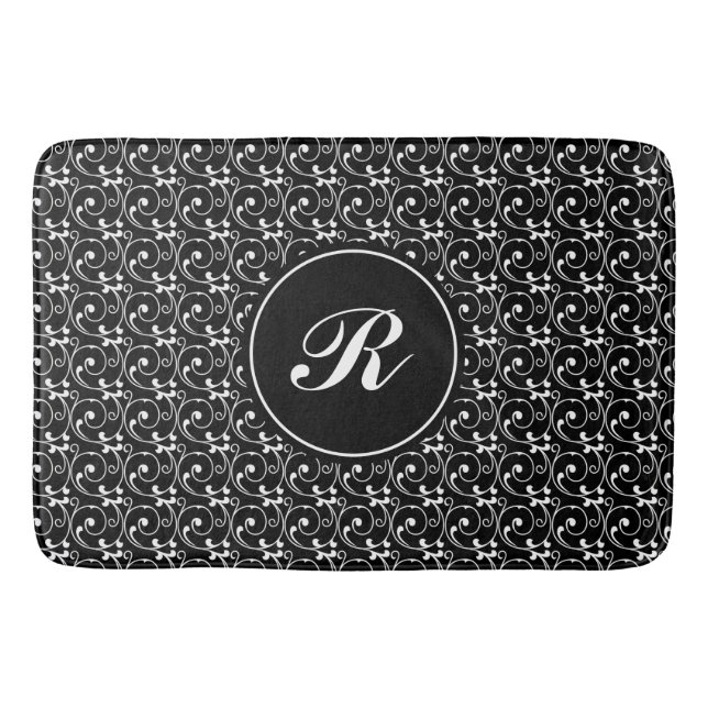 Elegant svart och vit vintage mönster monogram badrumsmatta (Framsidan)