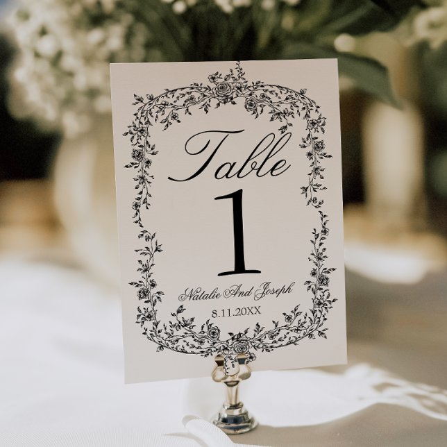 Elegant svart och vitt blomsterbröllopsbord nummer inbjudningar (Skapare uppladdad)