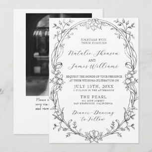 Elegant svart och vitt blomstermönstrat foto QR-ko Inbjudningar