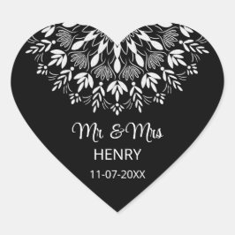 Elegant, svart och vitt bröllop hjärtformat klistermärke