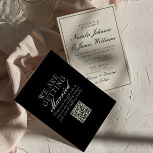 Elegant svart och vitt gammalt penga QR-kod bröllo Inbjudningar