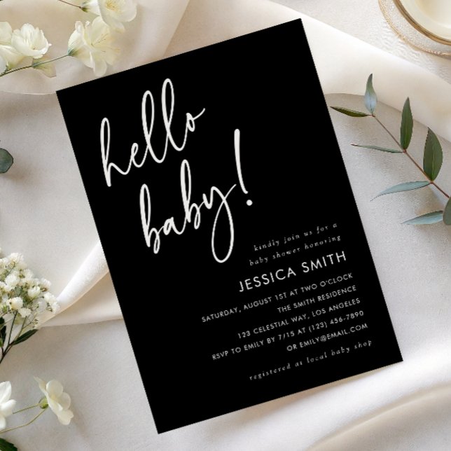 Elegant Svart och Vitt Hello Baby Shower Inbjudningar (Skapare uppladdad)
