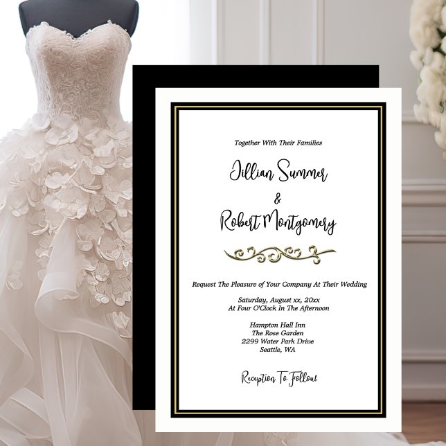 Elegant svart och vitt med guld bröllop inbjudningar (Elegant Black & White With Gold Wedding Invitation)